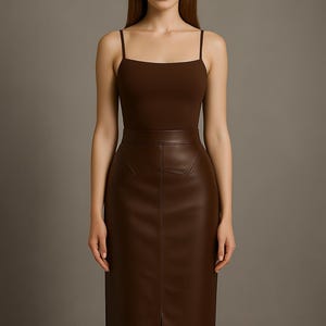 Handmade Brown Lambskin Leather Pencil Skirt: High Waist Midi