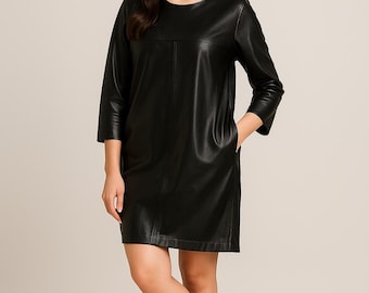 Handmade Lambskin Leather Shift Dress, Classic round neckline, Relaxed shift silhouette