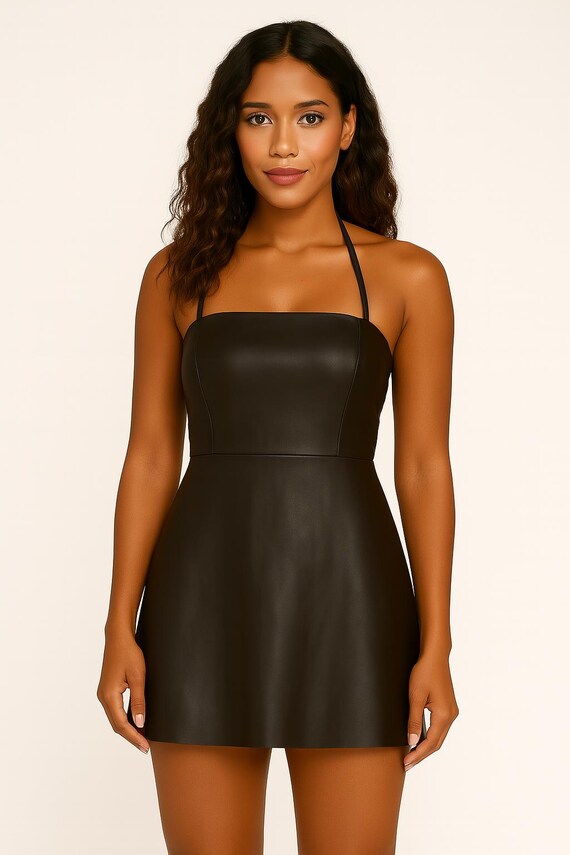 Women's Handmade Lambskin Leather Dress, A line Sleeveless off-the-shoulder Mini Length Black Dress