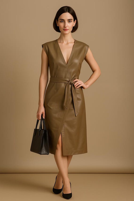 Handmade Leather Dress, V-neck, Tank Sleeve, Midi Dress With Wrap-style  Silhouette - Etsy Ireland