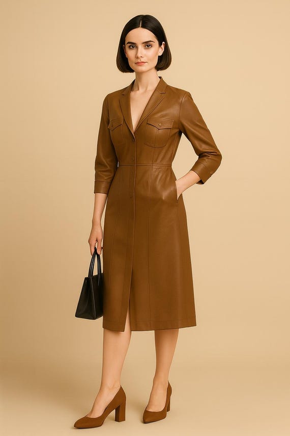 Handmade Lambskin Leather Shirt Dress: collared, Button-down front, and three-quarter sleeves, Midi dress