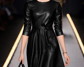 Handmade Lambskin Leather Dress, Crew Neck, Full Sleeve, knee length, Fit & Flare Black Dress