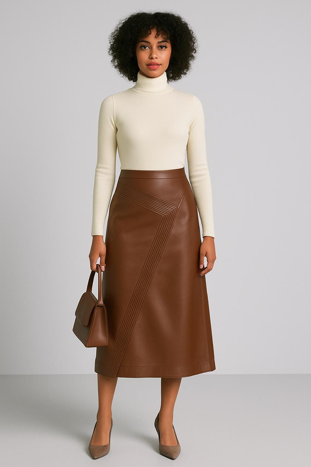 Handmade Lambskin Leather A-line Midi Skirt: High-waisted Stitch