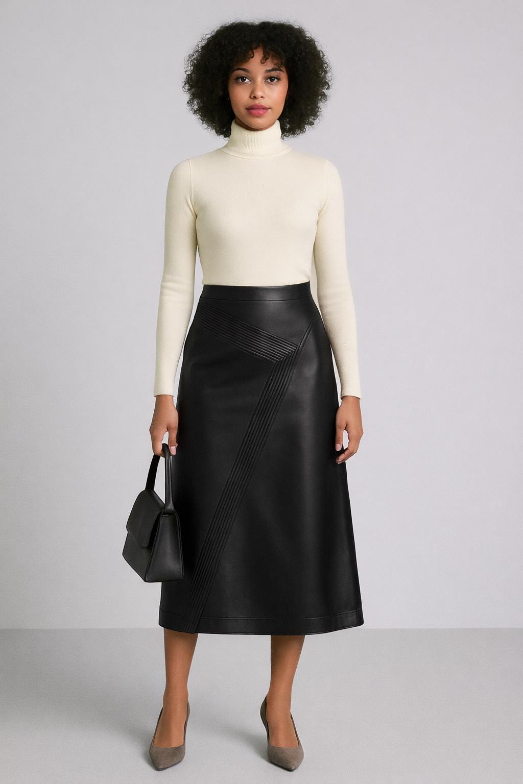 Handmade Lambskin Leather A-line Midi Skirt: High-waisted Stitch