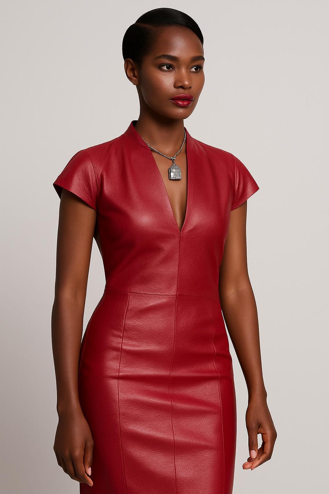 Handmade Lambskin Leather Dress, Cap sleeve Deep V Neck Knee length Red dress