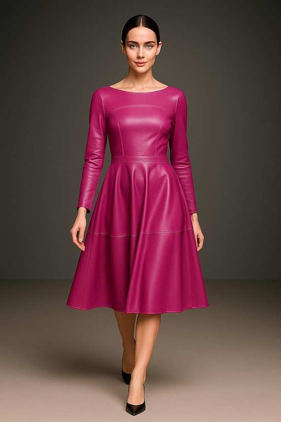 Handmade Leather Dress, Boat Neckline, Bracelet Sleeves, Fit & Flared Midi Dress