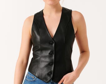 Women's Handmade Lambskin Sleeveless Leather Vest, Deep V Neck Black waistcoat