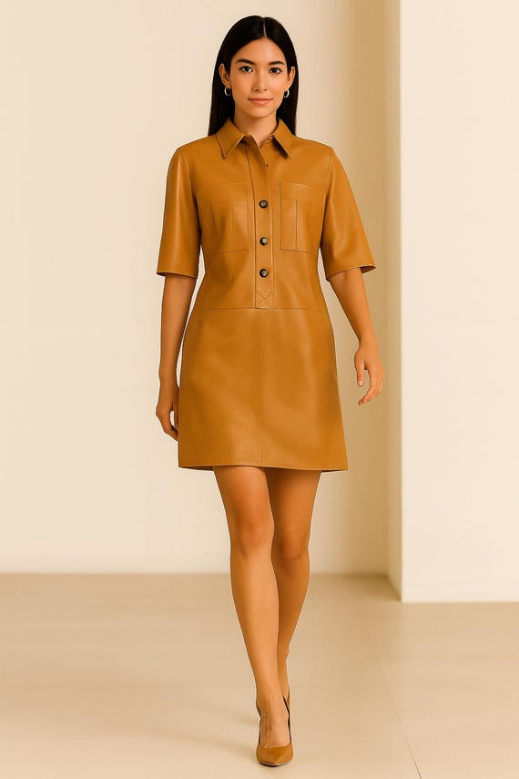 button down leather dress Handmade Lambskin Dress, Shirt-style Collar, Half Sleeves and Above-knee Length UK 20/US 16