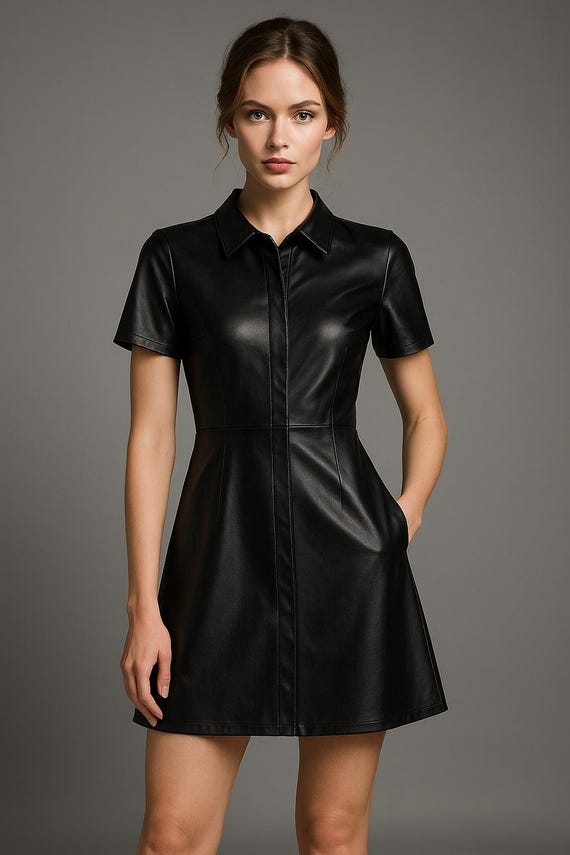 chinese dress ladies Ruffled Pleather A-Line Dress | Vegan Leather