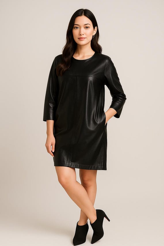 leather turtleneck dress Black Long Sleeve Turtleneck Short Leather Dress – IRHAZ main image 1