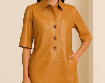 Handmade Lambskin Leather Dress, Shirt-style collar, Half sleeves and Above-knee length
