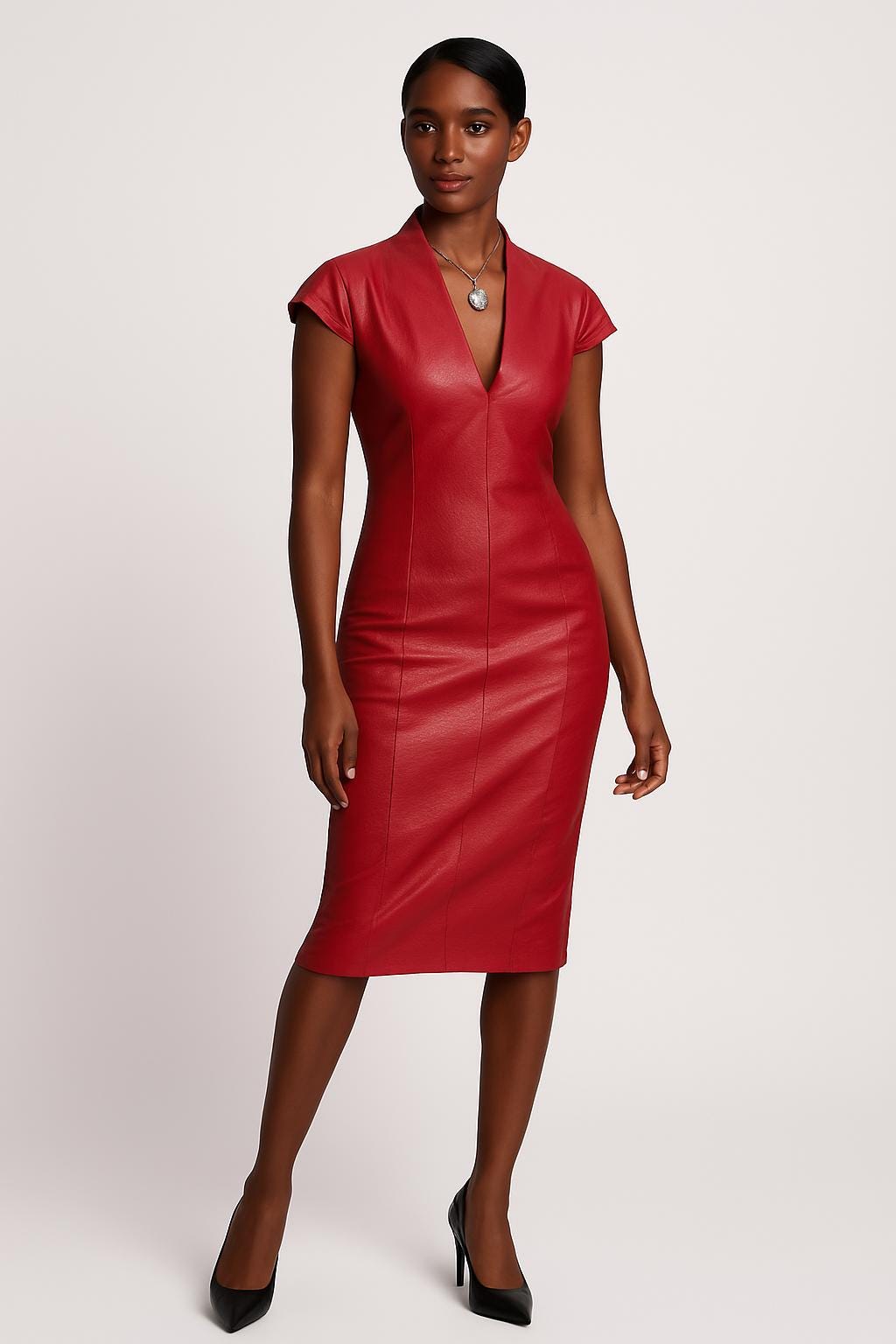 Handmade Lambskin Leather Dress, Cap sleeve Deep V Neck Knee length Red dress