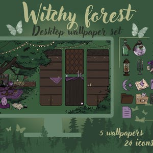 Può includere: Un set di sfondi per desktop a tema foresta magica. L'immagine presenta un monitor di computer che mostra una scena di foresta con un tavolo da strega, insieme a icone ed elementi decorativi. Il testo recita "Witchy forest Desktop wallpaper set".
