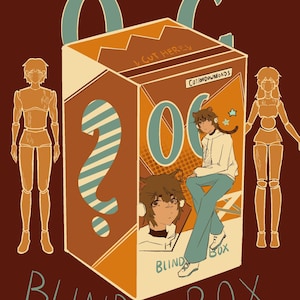 May include: A rectangular blind box featuring the text Animal Humans Theme and Cut Here. The box displays a large question mark, a character with cat ears, and the label Cottondownloads. Two orange articulated mannequin figures flank the box.