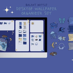 May include: A desktop wallpaper organizer set with a galaxy bottle design. The set includes a computer screen with a blue background, a bottle with a galaxy design, and various icons and illustrations of sea creatures and celestial elements. The text "GALAXY BOTTLE DESKTOP WALLPAPER ORGANIZER SET" is at the top.