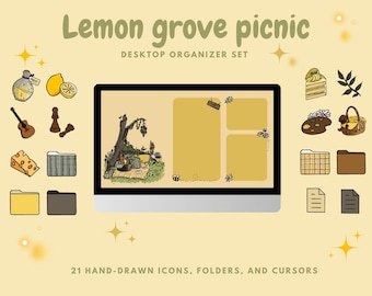 Cottagecore Lemon Grove Theme Desktop Set | digital background, icons, cursors | desktop organizer set | windows and Mac
