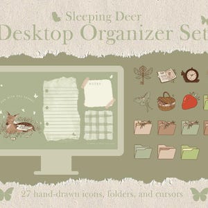May include: A digital desktop organiser set with a woodland theme. The set includes 27 hand-drawn icons, folders, and cursors. The icons feature a sleeping deer, a moth, a key, a book, a clock, a basket, a strawberry, and flowers. The folders are in various colours and have a simple design. The cursors are in the shape of a deer, a moth, and a key.