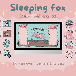 Pastelcore Sleeping Fox Desktop Organizer Set | digital background, icons, cursors, widgets | windows and Mac