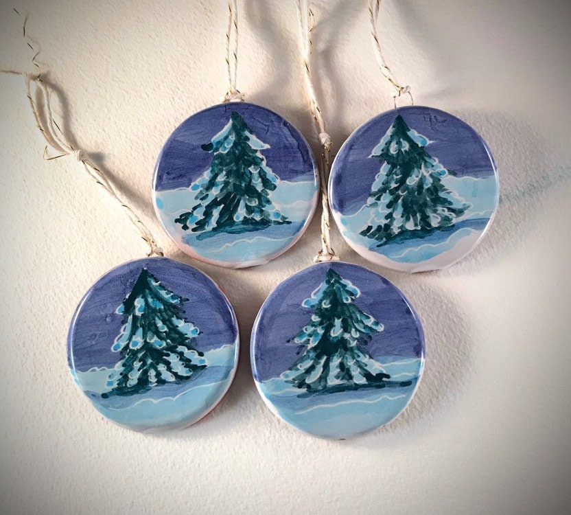 Hand painted majolica decorations. Winter snow scene on | Etsy