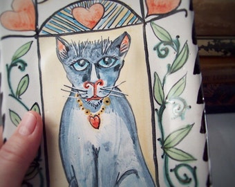 Grey cat, hand painted, Majolica ceramic tray. Hand made pottery, rectangle dish. Folk art styled with hearts. purrfect gift