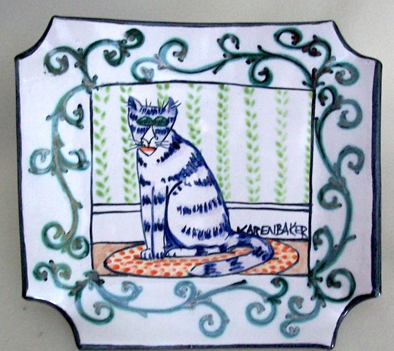Striped Tabby Cat Hand Made Holiday Gifts Square Pottery Etsy