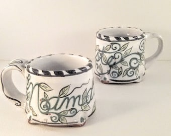 Namaste Yoga tea mug. A majolica pottery coffee mug, by artist Karen Baker. Nature inspired woodland vines and flowers.
