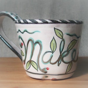 Majolica pottery - hand painted coffee mug - favorite tea mug - decorated with leaves and vines