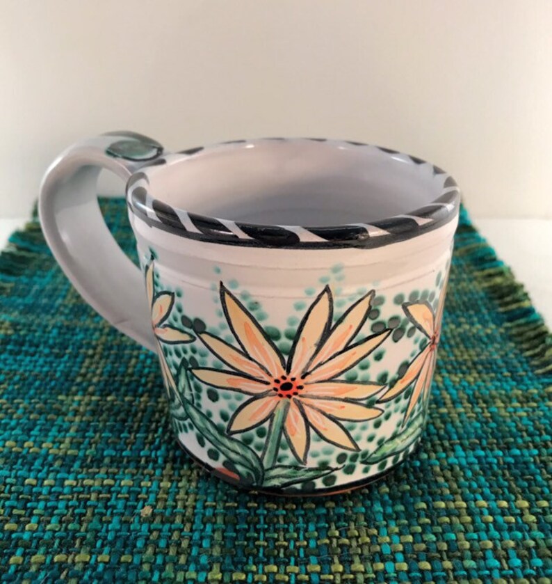 Majolica Hand Painted Floral Pottery Mug Has Yellow Daisies Etsy