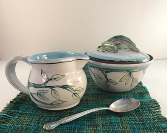 Majolica sugar creamer set nature inspired. Hand made and painted pottery. Soft blues and greens one of a kind set for your tea or coffee
