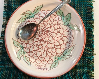 Pottery dessert plate with chrysanthemum a summer flower one of a kind ceramics.