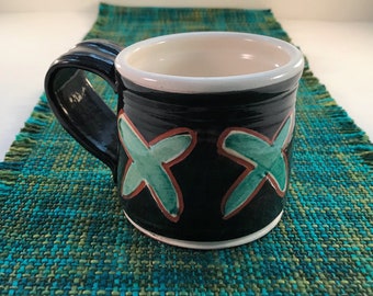 Coffee mug with kisses. Wheel thrown cup made with red earthenware clay. Valentine day gift or for mom or dad.