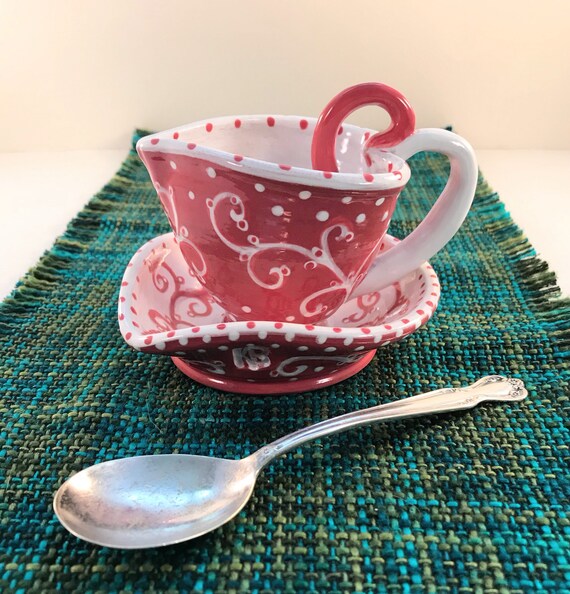 Espresso or Tea cup and saucer. A lot of Hearts demitasse set for that romantic sentimental gift.  art pottery