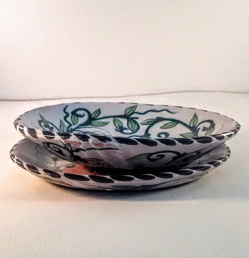Round Ceramic Decorative Trays Whimsical Hand Painted Etsy