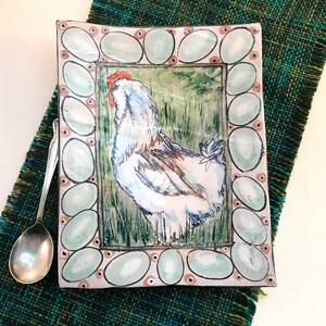 Majolica tray - hen and eggs platter - whimsical decorative - small rectangular - hand painted - Ooak - farm life inspired - laying hen