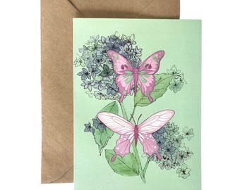 Butterflies and Hydrangeas Greetings card - art card -blank card -birthday card