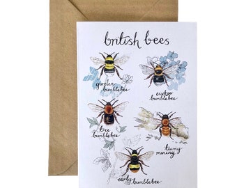 Bristish Bees Greetings card - art card -blank card -birthday card