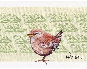 Vintage Wren watercolour and mixed media art print