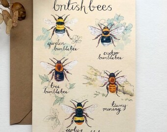 British bees Greetings card - art card -blank card -birthday card