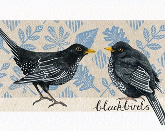 Vintage Blackbird watercolour and mixed media art print