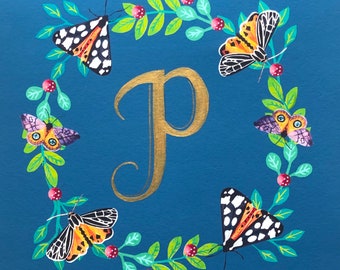 Personalised butterfly wreath print with hand-painted intitials