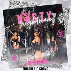 May include: A Halloween party invitation with a pink and black color scheme. The text reads "Nasty Nightmare" and "Costume Party". The date is October 26th. The location is 00 S. Baddie St., Cleveland Ohio. The time is 9pm to 2am. Tickets are available at Ticketmaster.
