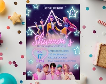 May include: A birthday party invitation with a neon design. The invitation features a group of animated dancers and the text "Shannon's Birthday Dance Party!" with the date, time, and location.