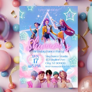 Puede incluir: Una invitación de cumpleaños colorida con figuras animadas y el texto "Shannon's Birthday Dance Party!". La invitación incluye la fecha, hora y lugar: Sky Dance Studio, 123 Skyline Ave, City, ST 90909.