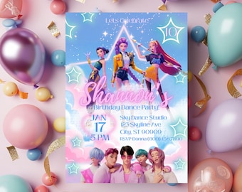 May include: A birthday party invitation with a colorful design featuring animated figures and the text "Shannon's Birthday Dance Party!" The invitation includes the date, time, and location: Sky Dance Studio, 123 Skyline Ave, City, ST 90909.