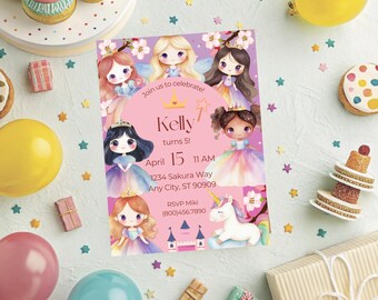 May include: A pink princess-themed birthday party invitation with illustrations of princesses, a unicorn, and a castle. The invitation includes the text "Join us to celebrate Kelly turns 5! April 15 11 AM". Party decorations, balloons, and treats surround the invitation.