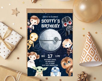May include: A birthday invitation featuring Star Wars characters and the text "Scotty's Birthday." The design includes the Death Star, Darth Vader, and other characters against a starry background. The invitation also includes the date, time, and location.