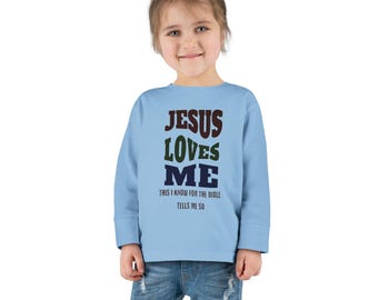 Camiseta de manga larga para niños pequeños con el lema "Jesús me ama", camiseta religiosa para niños, ropa informal para niños, atuendo para la iglesia.