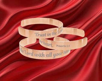 Engraved Cuff Bracelet, Trust in the Lord, Religious Jewelry, Proverbs 3:5 Bracelet, Christian Gift, Inspirational Quote Bracelet,