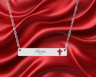 Gravur Halskette, personalisierte Christian gespeichert Ausschnitt Kreuz Bar Schmuck Glaube Anhänger, religiöses Geschenk, individuelle Namen Halskette, Geschenk für sie.