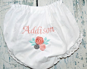 Monogrammed Rose Baby Bloomers, Monogrammed Baby Girls Diaper Cover